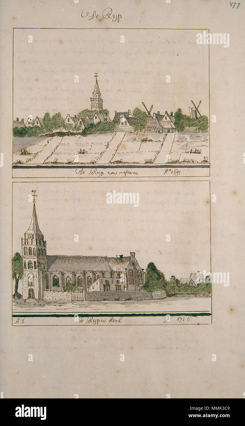 . Deutsch: Beschreibung de Afbeelding der Steden, Dörpen, Gehugten Adelijke en andere Gebouwen in Westfriesland, Waterland, Kennermerland, en Aankleve Van Dien, DUS-beschreven en bij een Versamelt, Mitsgaders, in Alphabetise Ordre Geschikt Tür Andries Schoemaker Atlas Schoemaker: Noord-Holland, De Rijp. zwischen 1710 und 1735. Atlas Schoemaker - WESTFRIESLAND - DEEL 3-988 - Noord-Holland, De Rijp Stockfoto