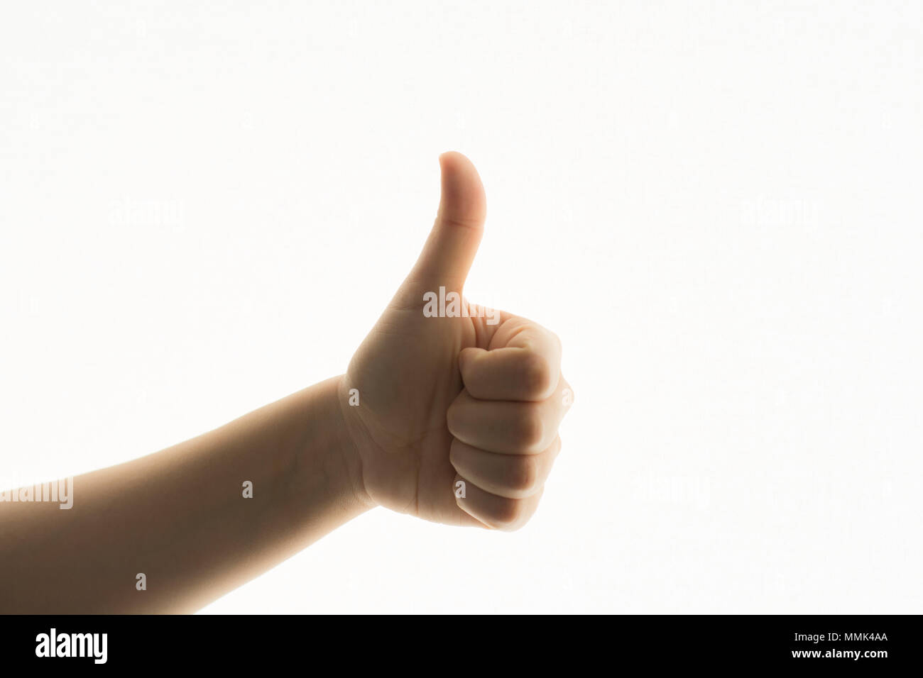 Frau Hand isoliert Daumen oben unterzeichnen Stockfoto