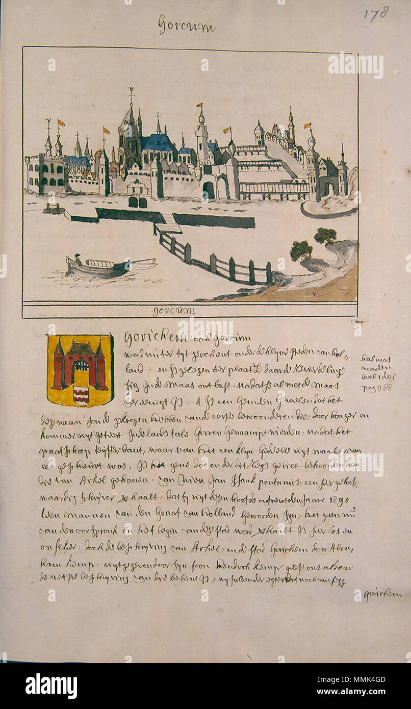. Deutsch: Beschreibung de Afbeelding der Steeden Dörpen Gehugten Aadelijke Zuijt Gebouwen En Mdz in Holland en Aankleving Van Dien Rackinstallation naat leeven getekeent. en Naat A.B.C. gelegt Dus Beschreeven en bij een Versaamelt Tür Andries Schoemaker 1730 Atlas Schoemaker: Zuid-Holland, Gorinchem. zwischen 1710 und 1735. Atlas Schoemaker - ZUIDHOLLAND - DEEL 3-1713 - Zuid-Holland, Gorinchem Stockfoto