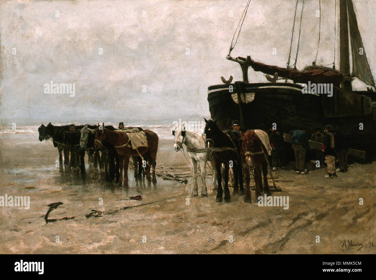 Fischerboot und Entwurf - Pferde am Strand, mit Anton Mauve. 1876. Anton Mauve (1838-1888) Alternative Namen Anthonij Mauve Beschreibung holländische Maler, Aquarellist, Zeichner und Kupferstecher Datum der Geburt / Tod 18. September 1838 vom 5. Februar 1888 Ort der Geburt / Todes Zaandam Arnhem Arbeitsort Haarlem (1858-1868), Amsterdam (1870), Den Haag (1872-1885), Laren (1886-1888), Oosterbeek, Terschelling, Veere, in England, in Frankreich, Südafrika Authority control: Q 591907 VIAF:?:? ISNI 35252522 0000 0000 6676 4944 ULAN:?? Nr 500009041 LCCN: 99019666 WGA:?, Mauve, Anton WorldCat Fischerboot und d Stockfoto