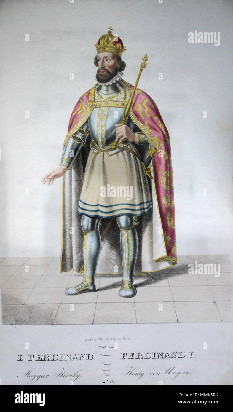 . English: Ferdinand I. (1503-1564), Kaiser, König von Böhmen, Ungarn usw. Lithographie von Josef Kriehuber nach einer Zeichnung von Moritz von Schwind aus ungerns Erste Heerführer Herzoge und Koenige In einer Reihe von Bildnissen von Bela bis in Seine Majestät Kaiser Franz I. von Österreich König von Ungern &c., &c. Wien: lithographisches Institut; Ca. 1828. . 1828. Ferdinand I. Litho Stockfoto