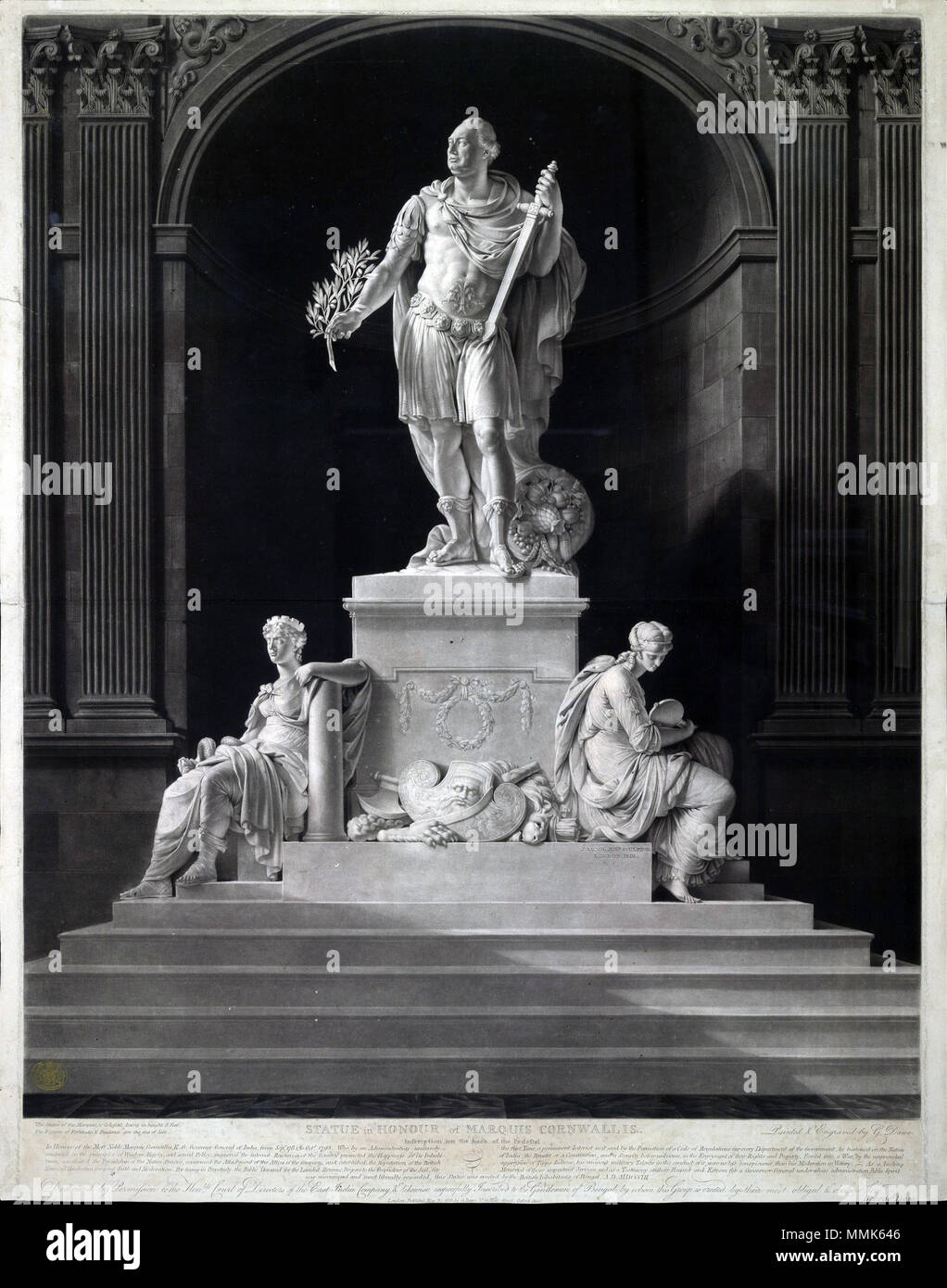 . Englisch: eine Statue von Lord Charles Cornwallis, jetzt in der Victoria Memorial, Kolkata, Indien. . 1803. Kupferstich von George Dawe; Statue von Johannes Speck Sr. und Jr. CornwallisCalcuttaStatue Stockfoto