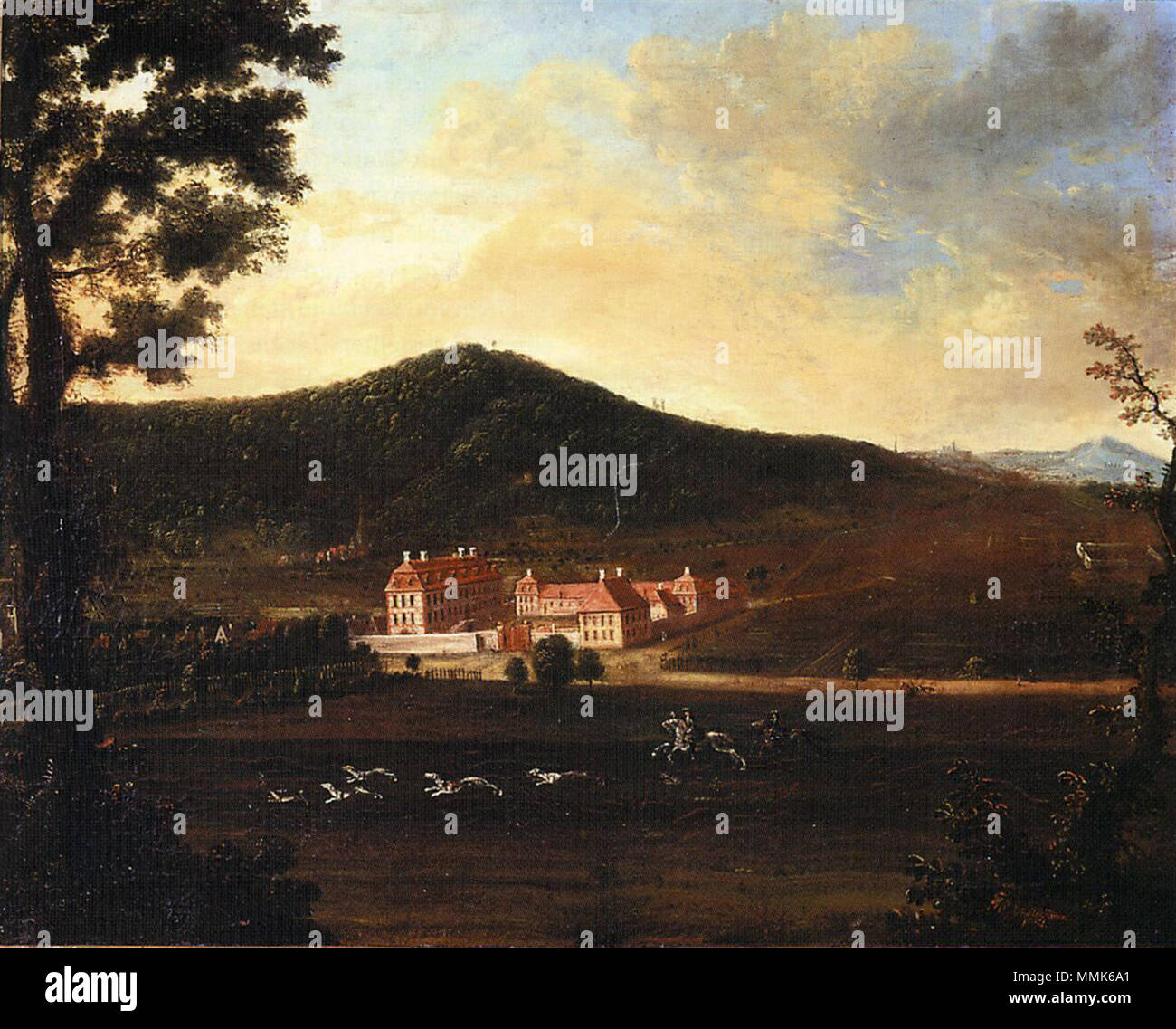 . English: Ansicht des Bickenbacher Jagdschlosses. 18. Bickenbach Stockmar 18 Jh Stockfoto