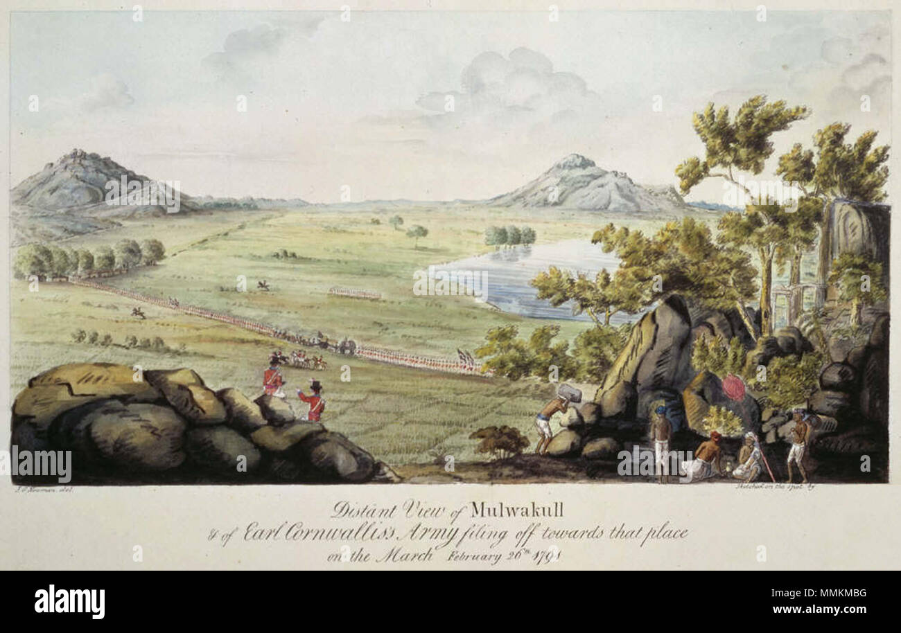 . Englisch: Cornwallis Armee in Richtung Malwakul (in Mysore), ein Aquarell von John Newman, 1791 marschieren. 1791. John Newman's Cornwallis Armee marschiert in Richtung Malwakul Stockfoto