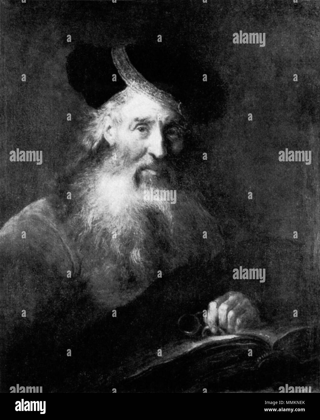 Alter bärtiger Mann mit Kneifer über dem aufgeschlagenen Buch (Pesne in Rembrandts Kunst) Stockfoto