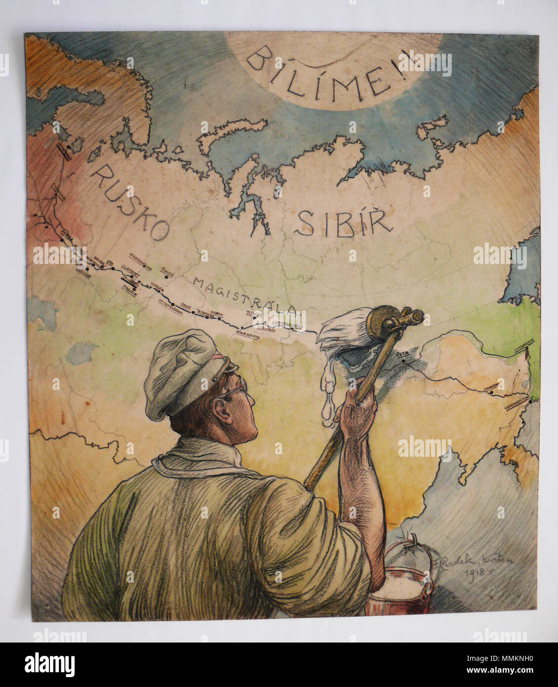 . Englisch: František Parolek (28.7.1882 - 7.7.1926) Bílíme!! ('Weiß' -> im Sinne der Ausbau rot Bolschewiki aus der Transsibirischen Eisenbahn durch tschechoslowakische Legionen) Čeština: František Parolek (28.7.1882 - 7.7.1926) Bílíme!! - Obraz s československým legionářem bělící místa Transsibiřské magistrály ovládané Československými legiemi. Mai 1918. František Parolek 12 1918 - Bilime-Parolek Stockfoto