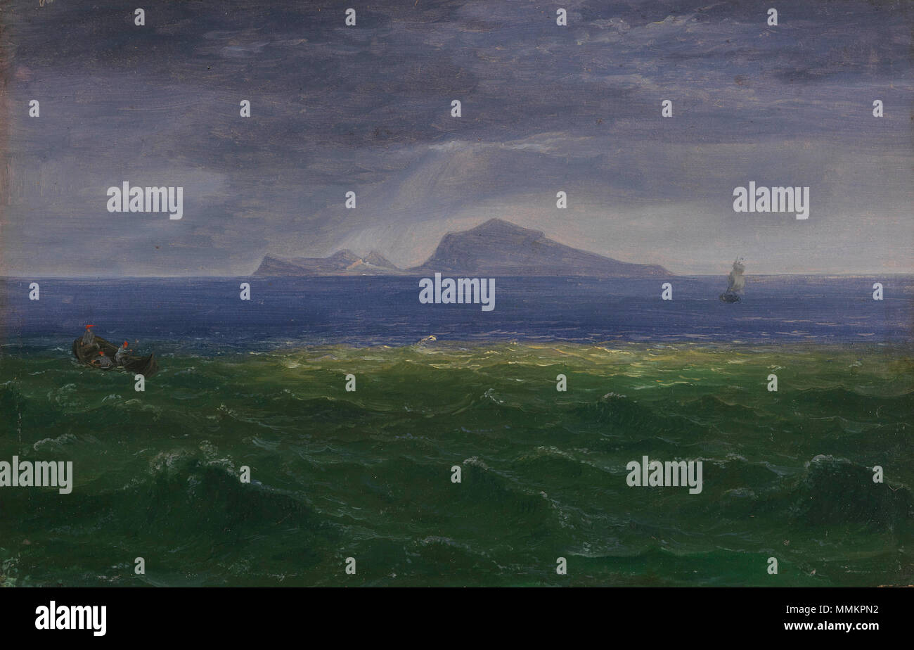 . Kleine Marine mit Blick auf Capri. Ca. 1823. Öl auf Papier, auf Leinwand kaschiert. 23 x 35,5 cm. Verso auf dem Keilrahmen handschriftlich bezeichnet u.a. Ischia' [sic] und datiert. Möglicherweise handelt es sich bei diesem Grafik um 'Die kleine Marine der Insel Capri. Morgen", die 1830 auf der Berliner Akadmie-Ausstellung gezeigt wurde. . Ca. 1823. Florian Grospietsch Capri c 1823 Stockfoto