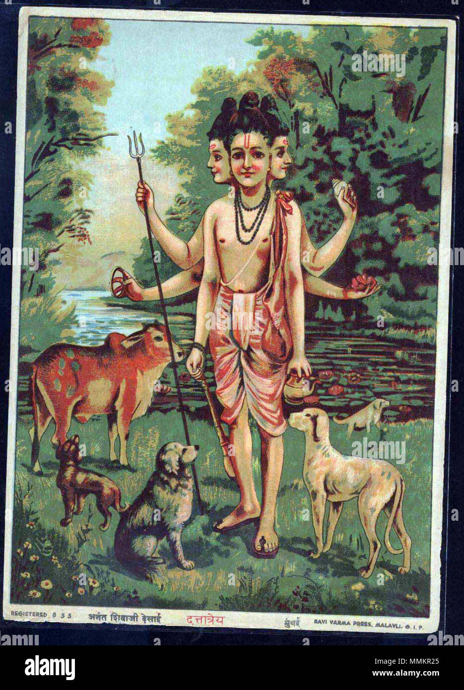 . Englisch: Dattatreya, der Inkarnation des thrimoorthis, Brahma, Mahavishnu und Maheswar (Shiva). Gedruckt in Ravi Varma Presse, Malavli in der Nähe von Pune, Maharashtra. മലയാളം: ബ്രഹ്മാവ്, വിഷ്ണു, ശിവൻ എന്നീ ത്രിമൂർത്തികളുടെ അവതാരമായ ദത്താത്രേയൻ. രവി വർമ്മ പ്രസിൽ നിന്നും പ്രസിദ്ധീകരിച്ച ചിത്രം. Englisch: Dattatreya മലയാളം: ദത്താത്രേയൻ. um 1910. Dattatrey, Ravi Varma drücken Sie Stockfoto