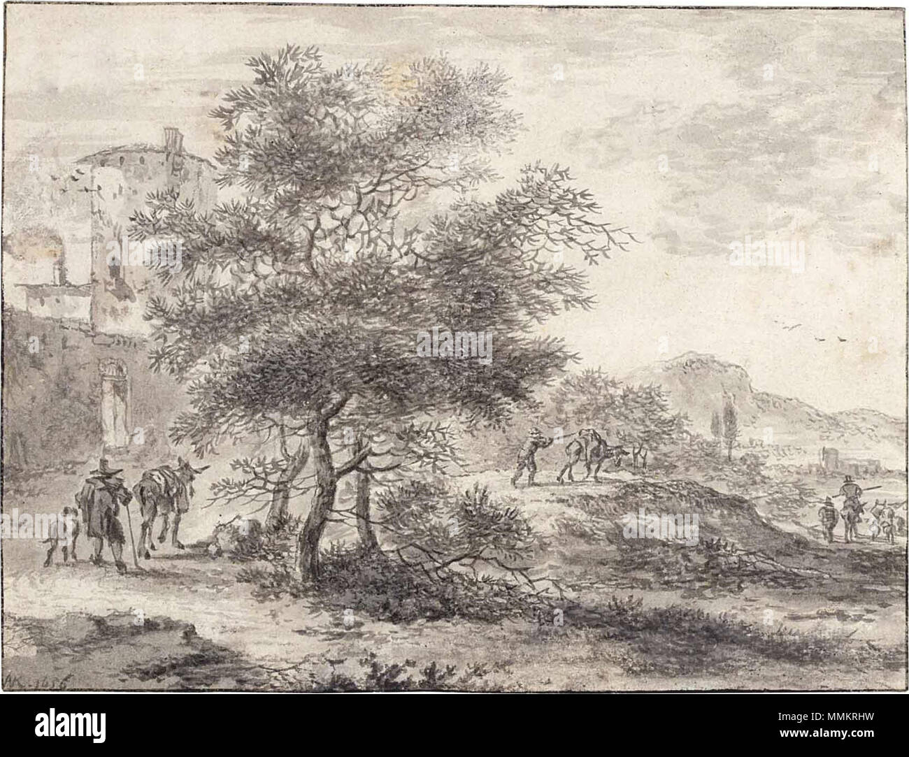 . Englisch: Italienischer Landschaft einer italienischen Landschaft * Pen und graue Tinte und Waschen * 12,4 x 16,3 cm * l unterzeichnet. l: AVK. 1656 Einer italienischen Landschaft von Adriaen van der Kabel Stockfoto