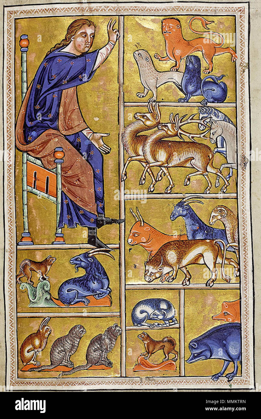. Folio 5 recto vom Aberdeen Bestiary. detail Adam Benennung der Tiere.. 12. Jahrhundert. 24 AberdeenBestiaryFolio 005 rAdamNamesAnimalsDetail Stockfoto