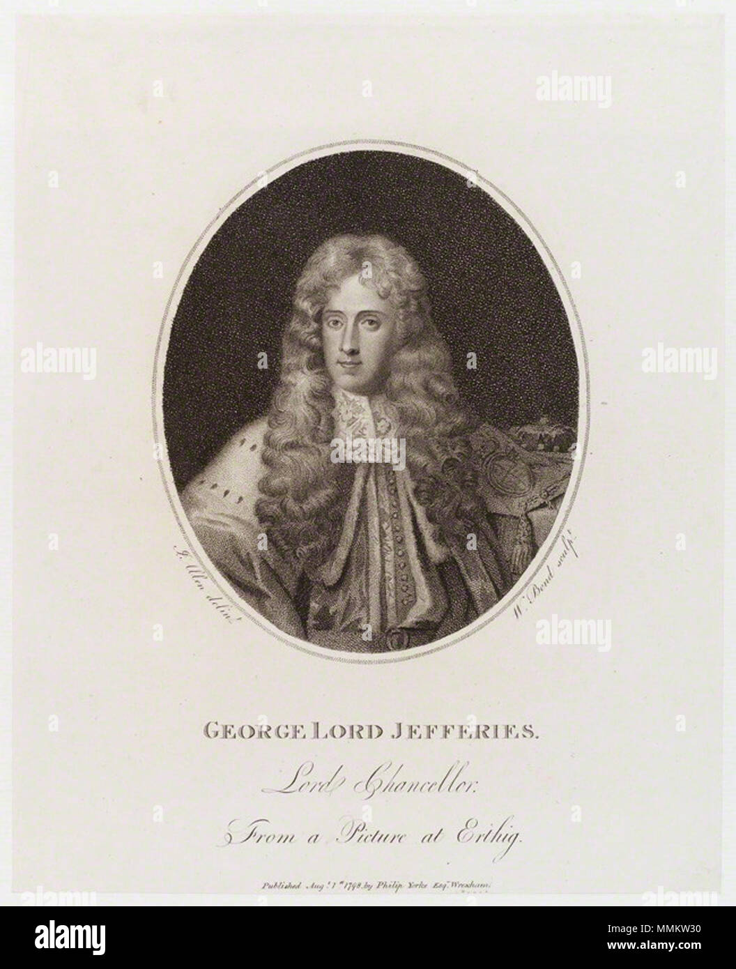 . Porträt von George Jeffreys, 1st Baron Jeffreys (1645-1689) von William Bond, von Philip Yorke veröffentlicht, nachdem Joseph Allen, Walze gravieren, veröffentlicht am 1. August 1798 George Jeffreys, 1st Baron Jeffreys von Wem von William Bond, nachdem Joseph Allen Stockfoto