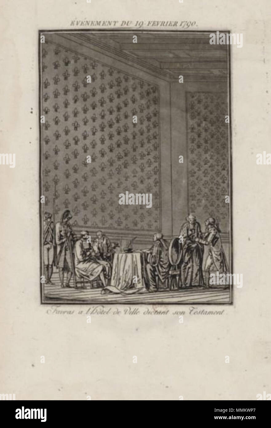 . Français: Événement Du 19 Fevrier 1790: Favras à l'Hôtel de Ville dictant Sohn Testament. 18. Jean-françois Janinet (1752 - 1814) Alternative Namen: Jean Francois Janinet; François Janinet Beschreibung französischen Graveurs und Ballonfahrer Datum der Geburt / Tod 1752 1. November 1814 Ort der Geburt / Todes Paris Paris Authority control: Q 3165683 VIAF:?:? ISNI 49270663 0000 00006645 1825 ULAN:?? 124164722 500001382 GND: 030465516 Favrastestament SUDOC:? Stockfoto