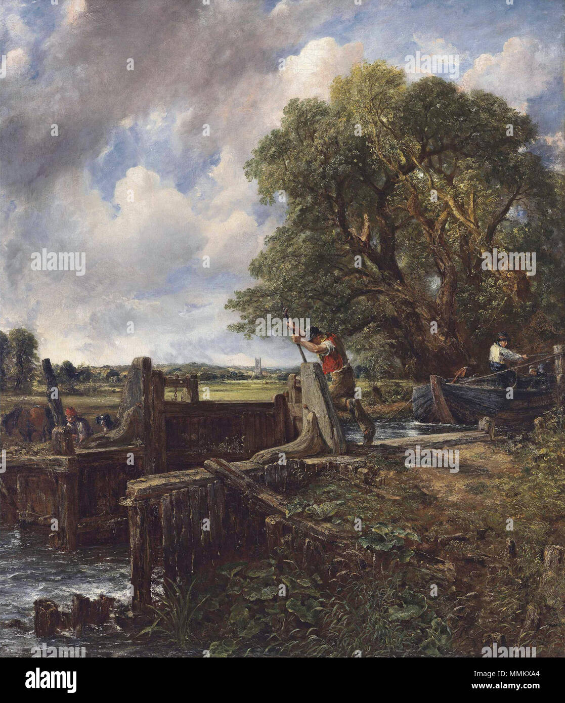 . Deutsch: Dieses Bild zeigt die Verriegelung Flatford Mill, am Fluss Stour in Suffolk Español: El tema de Este lienzo Es la esclusa del Molino de Flatford en el Río Stour, Suffolk der Sperre (oder "ein Boot vorbei an einem Lock'), ist das untere Tor an flatford Schloß * Öl auf Leinwand * 142,2 x 120,7 cm * 1824: John Constable - Die Sperre Stockfoto