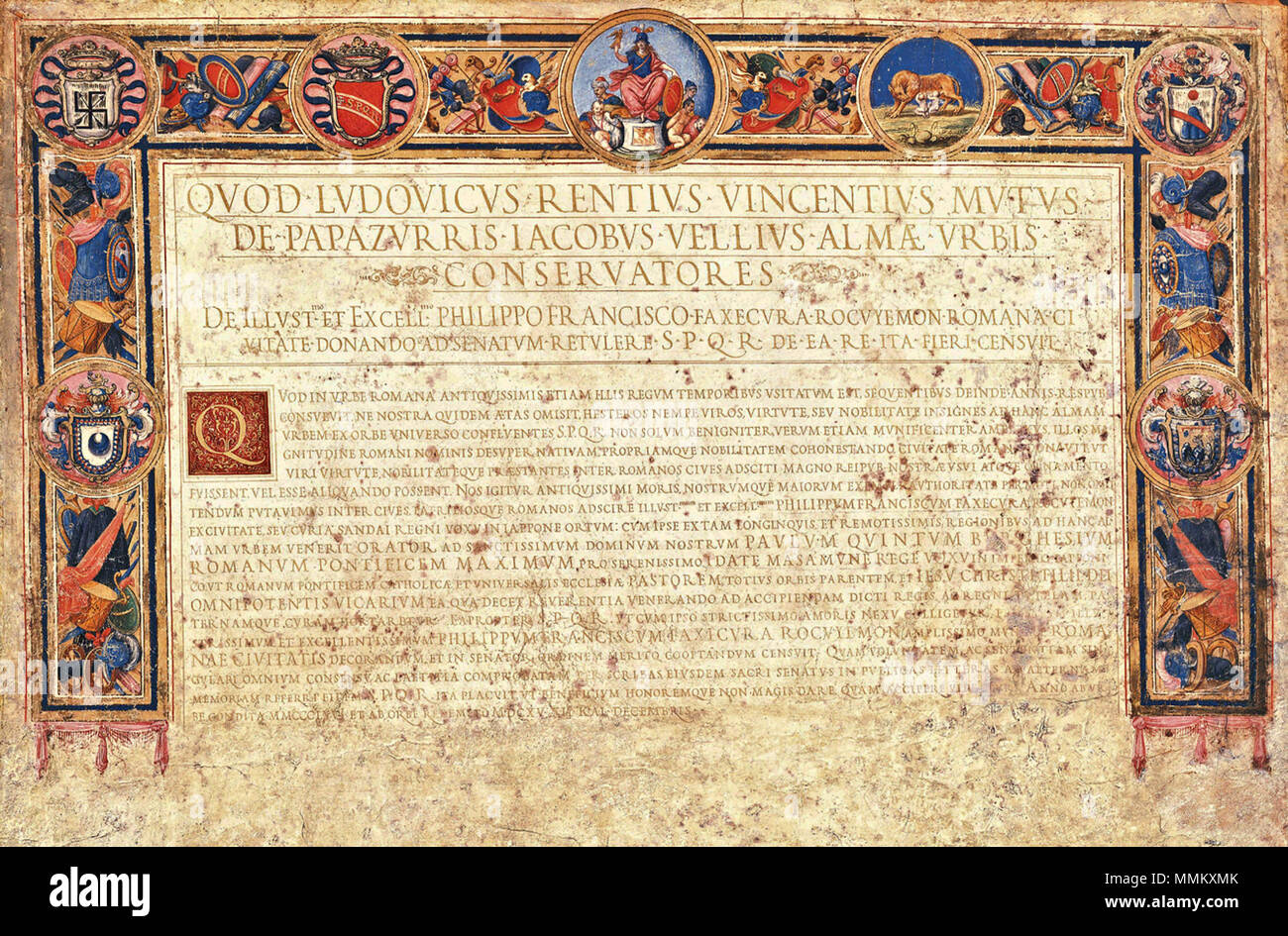 . Das Patent auf das römische Bürgerrecht zu Hasekura Tsunenaga, 20. November 1615 gewährt. 68,5 cm bis 88,5 cm. 1615. Diese Datei fehlt, Informationen zum Autor. HasekuraRomanCitizenship Stockfoto