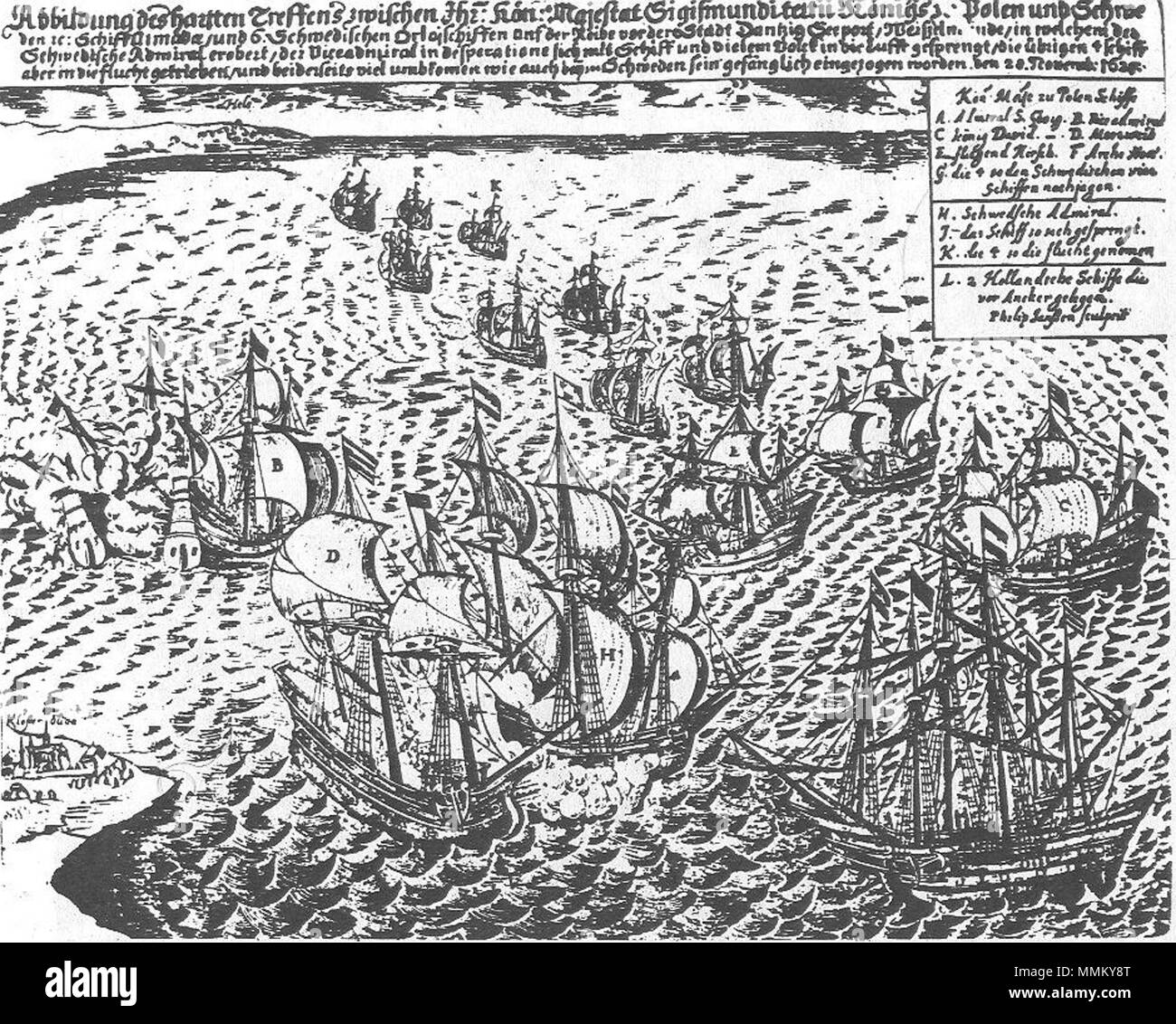 . English: Druckgraphik der Seeschlacht vor Oliva 1627, Februar 1628 gefertigt. 31. August 2012. Philip Janssen Schlacht von Oliwa 1627 II. Stockfoto