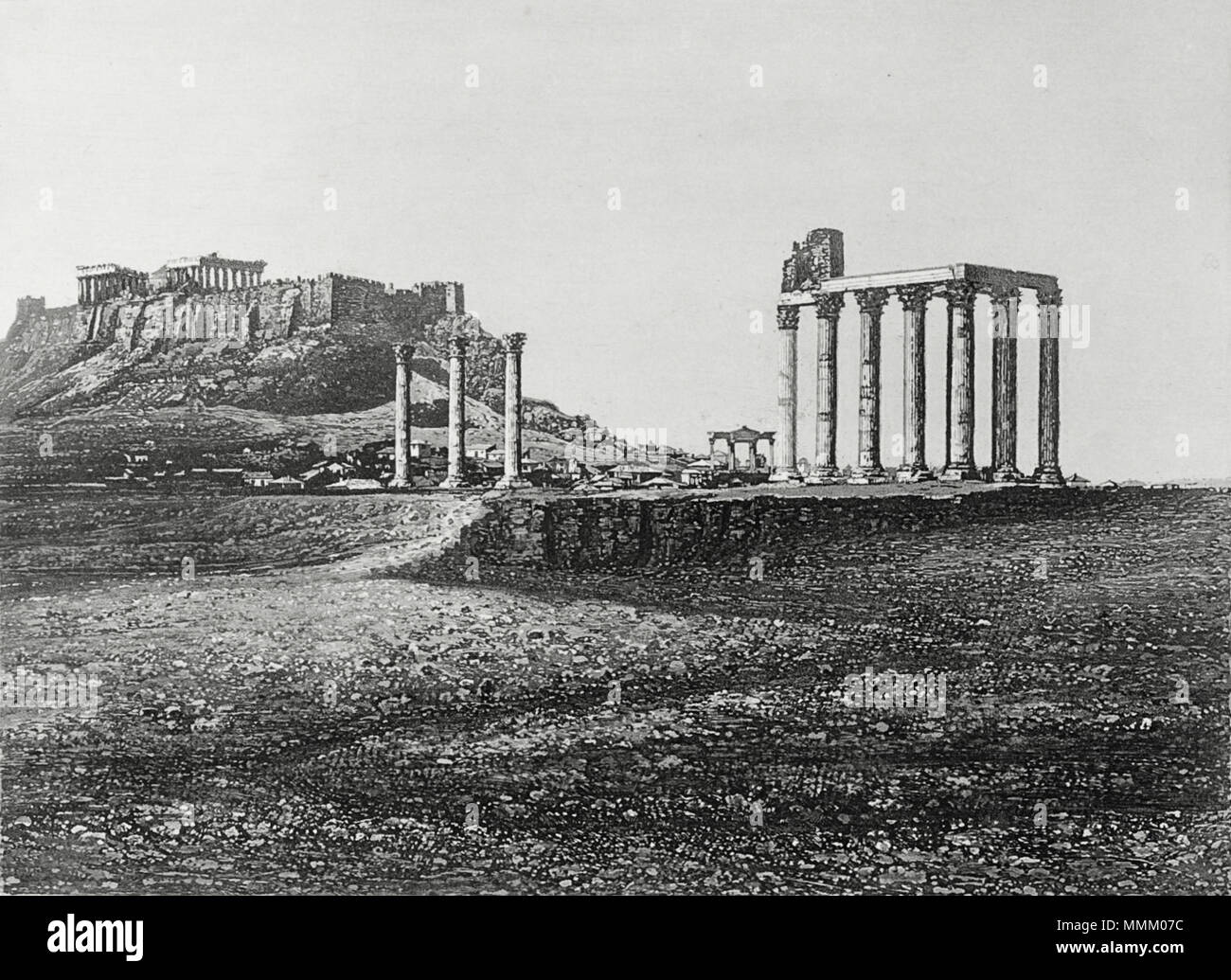. Deutsch: Das Bild zeigt im Vordergrund, die Spalten des Olympischen Zeus und, im Hintergrund die Akropolis. Die Noten des Fotografen (siehe unten) stellen weitere Details über das Bild. Drucken einer Gravur auf einer daguerreotypie Foto Pierre-Gustave Joly (Joly de Lotbinière) im Oktober 1839 getroffen. Durch Appert eingraviert. Mit dem caption L'Akropolis à Athènes in Ausflüge daguerriennes, Noël Paymal Lerebours Verlag, Paris, zunächst in den Jahren 1840 und 1841 veröffentlicht. Diese Wiedergabe ist von einer Neuauflage im Jahr 1842 veröffentlicht. Aus den Noten der Pierre-Gustave Joly Auszug: Stockfoto