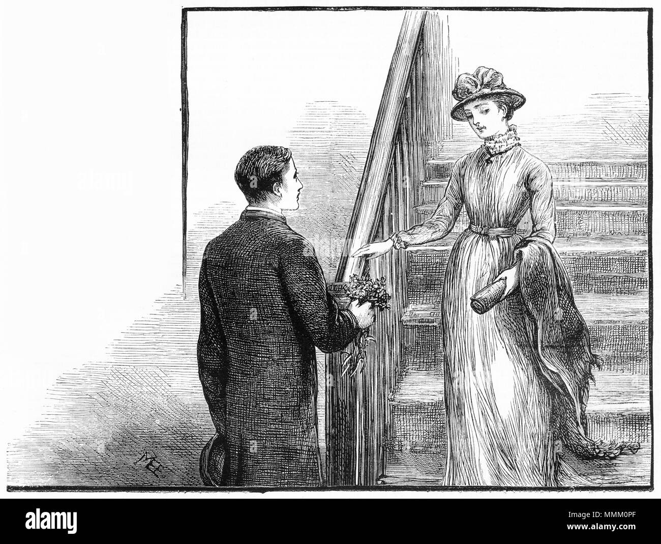 Gravur von einem jungen Mann mit einem Strauß Blumen zu einer jungen Dame. Von einem ursprünglichen Gravur in eigenen Papier Magazin der Mädchen 1883. Stockfoto