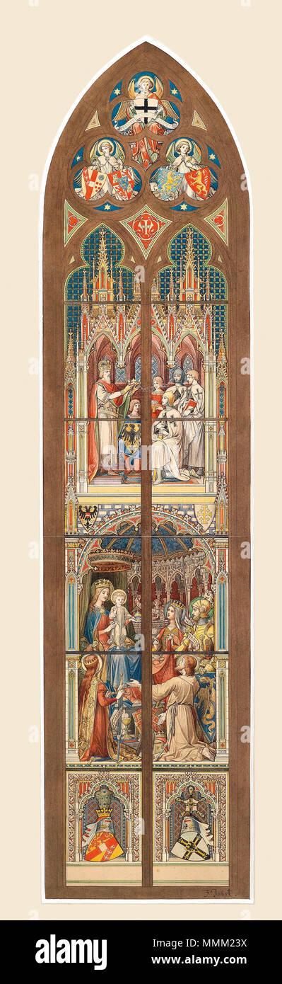 . Entwurf für Glasfenster in der Bischofs- oder Herz-Jesu-Kapelle Votivkirche in Wien, signiert Franz Jobst, Aquarell und schwarze Tuschfeder auf Papier, Ca. 86 x 21 cm. Fenster im 2. Weltkrieg zerstört. Stifter des Fensters: Erzherzog Wilhelm von Österreich (1827-1894), Hochmeister des Deutschen Ordens dargestellt: Wappen des Erzherzogs, Szene mit dem Schutzpatron der hl. Wilhelm, der hl. Barbara, Patronin der Artillerie, deren Generalinspektor Erzherzog Wilhelm Krieg, der Thronenden Gottesmutter, der Ordenspatronin des Deutschen Ordens, dahinter sterben Nummern-oper hll. Georg und Elisabeth. Szene darüb Stockfoto
