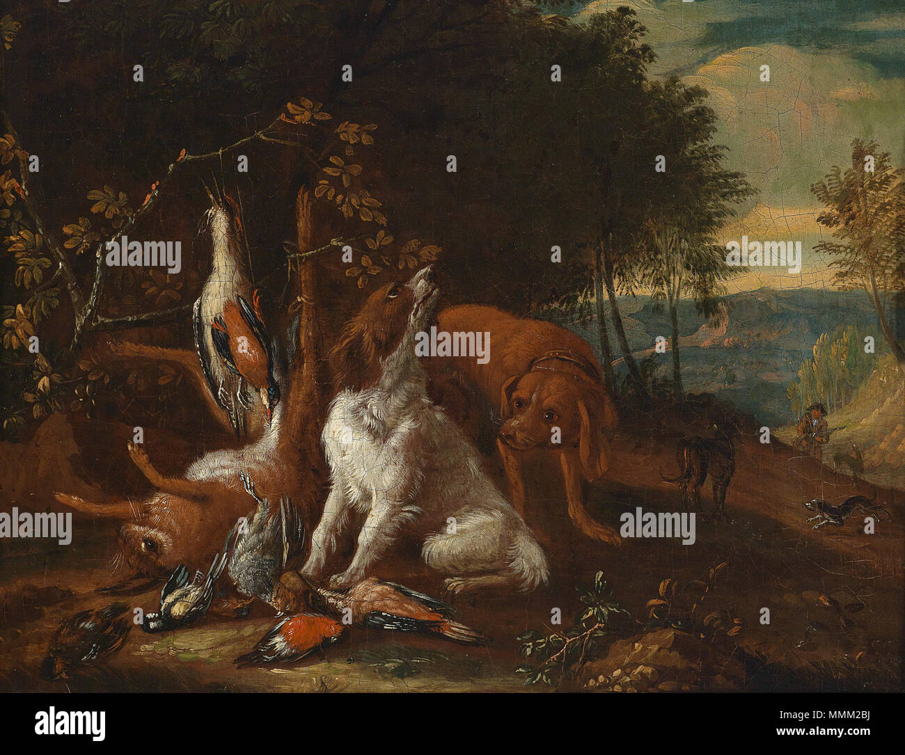 . Landschaft mit Jagdstillleben, Öl auf Leinwand, 20,3 x 25 cm. durch 1715. Adriaen Gryeff (Ca. 1665-1715) Adriaen Gryeff Landschaft mit Jagdstillleben Stockfoto