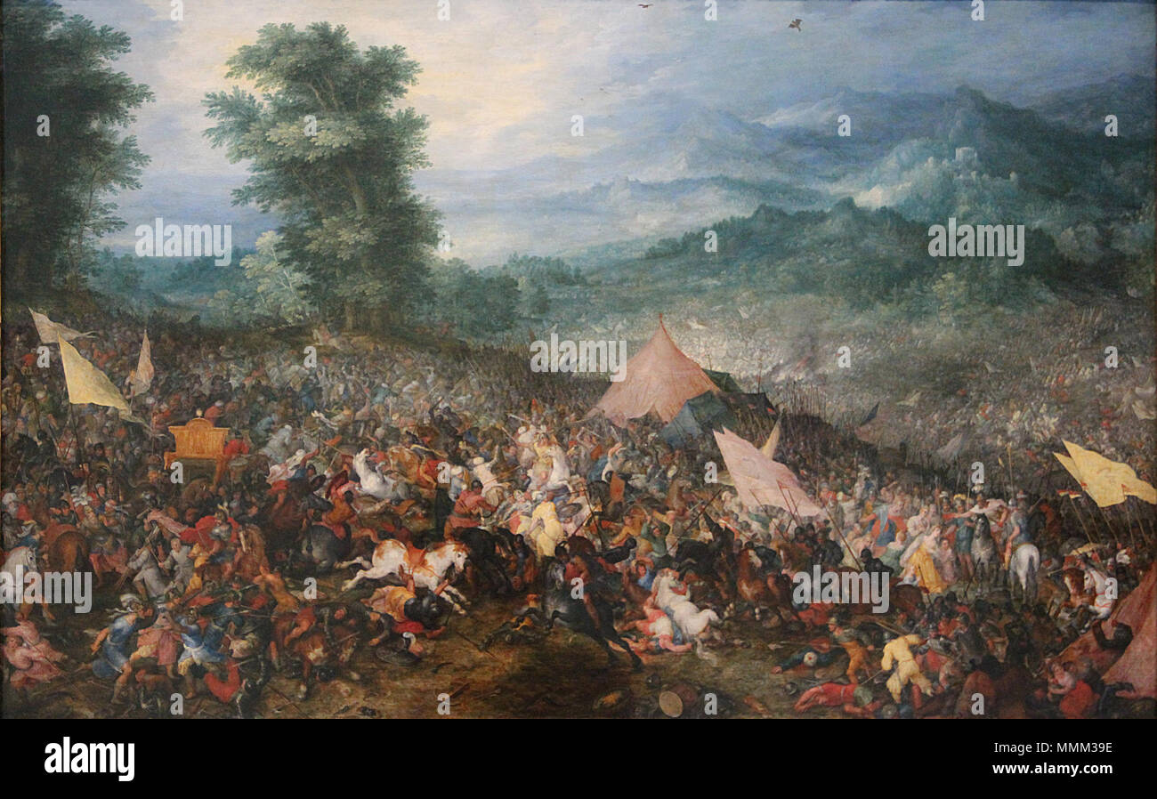 . Der Schlacht von Issus oder Arbela "La Bataille d'Issus ou d'Arbelles", huile sur Bois (Hauteur. 86,5 cm; largeur. 135,5 cm) de Jan Brueghel l'Ancien (1610), Appartenant au Louvre. - Inv. 1094, Photographiée lors de l'Exposition temporaire" Rubens et son Temps" Au musée du Louvre-Lens. 0 La Bataille d'Issus - Jan Brueghel l'Ancien (2) Stockfoto