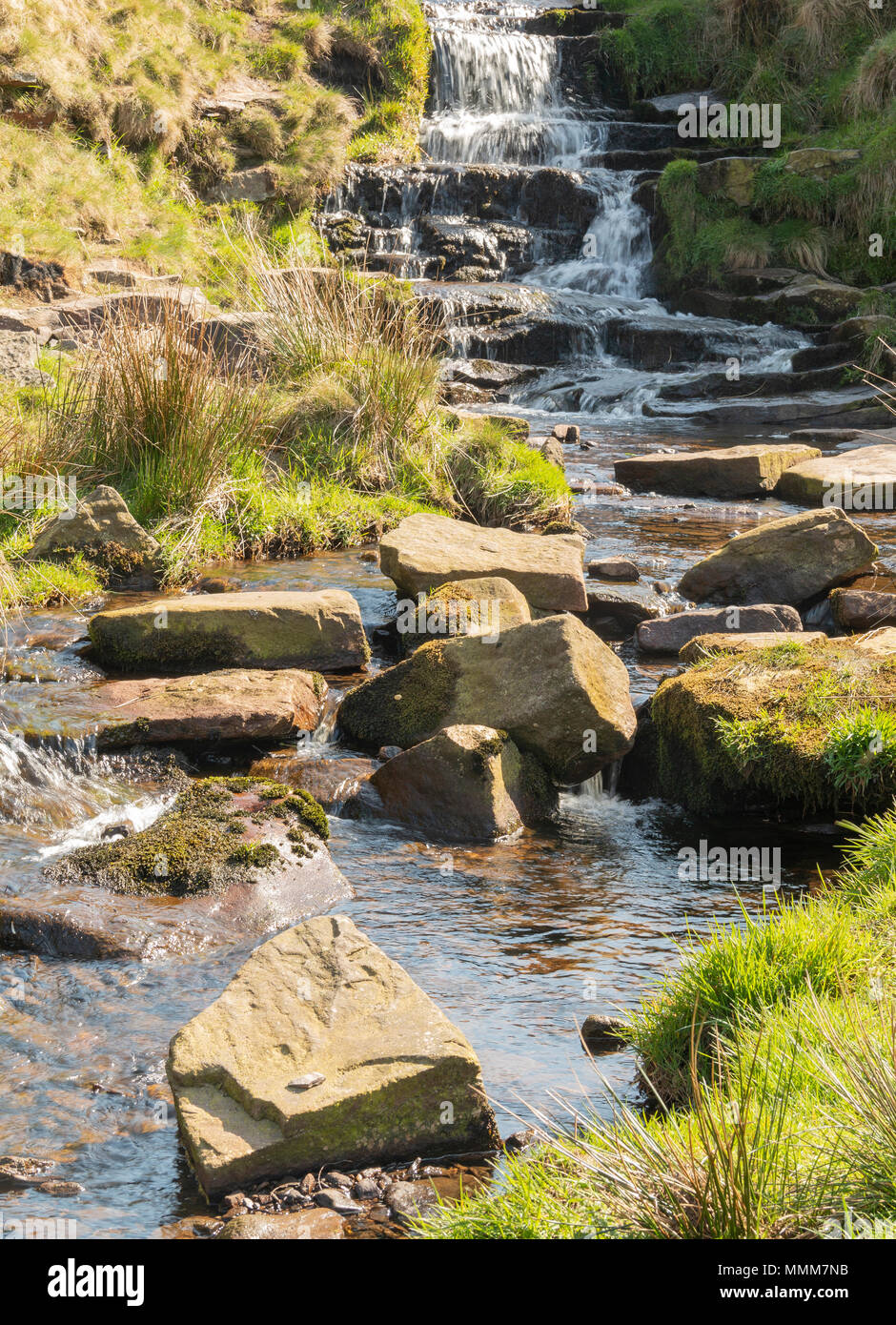 Ein Bild von einem stream Kaskadierung über die Steine, Nether Norden Korn, Derbyshire Peak District, England, Großbritannien Stockfoto