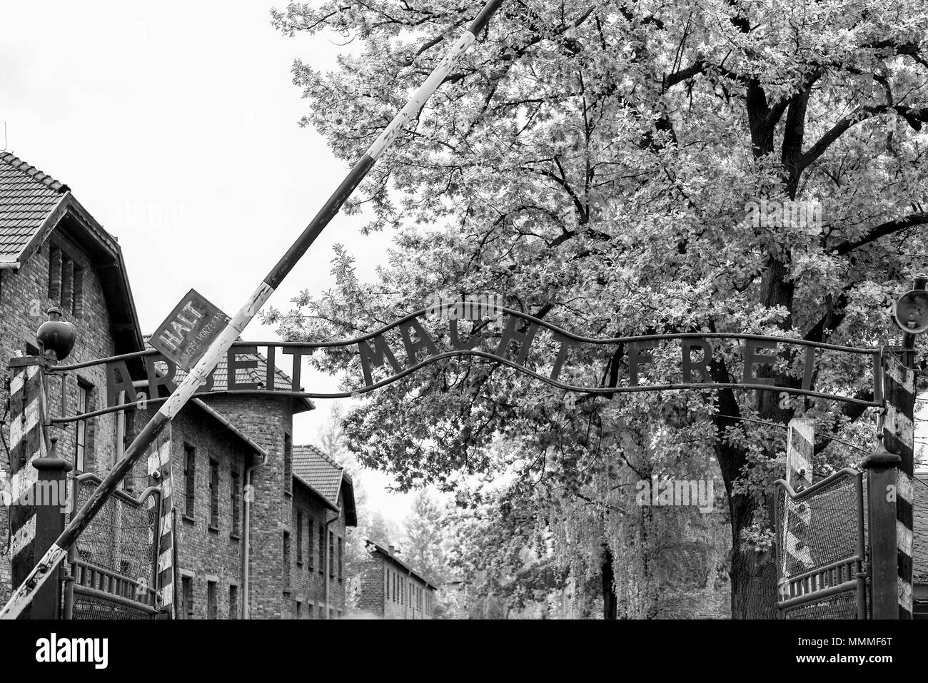 Auschwitz, Polen - 12. August 2017: Blick auf die KZ-Tor mit einem Slogan Schwarz und Weiß Foto Stockfoto