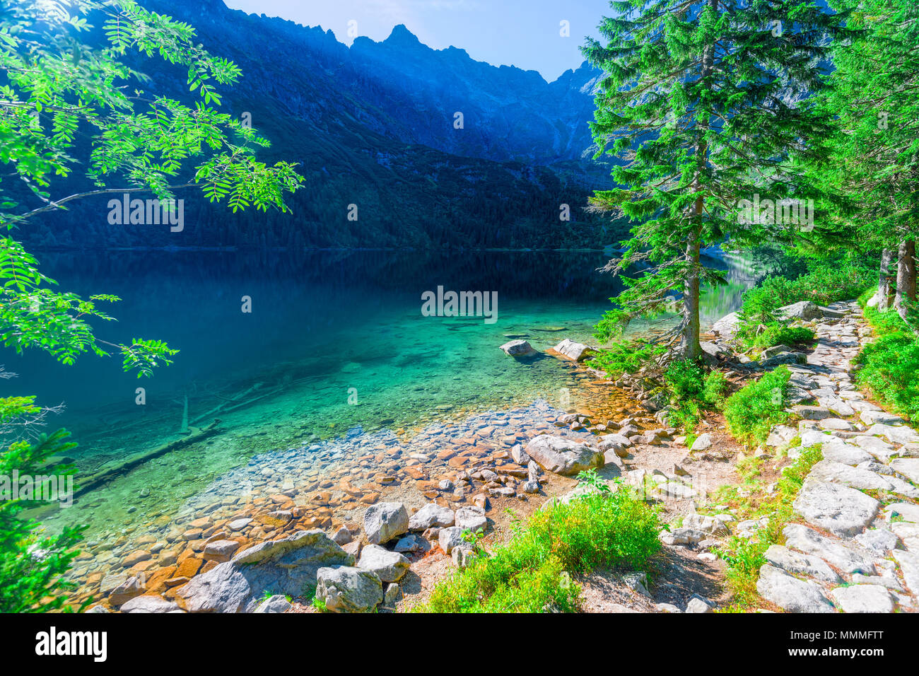 Transparente türkise Wasser Meer Auge der See in den Bergen der Hohen Tatra, Polen, Stockfoto