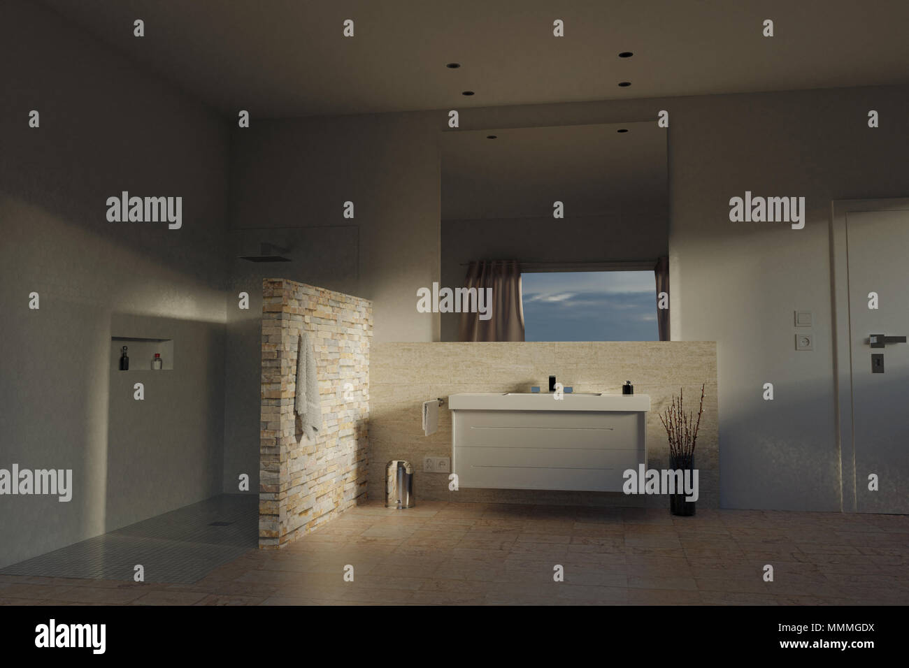 3d Rendering Des Modernen Bad Mit Beige Steine Und Fach Dusche Stockfotografie Alamy