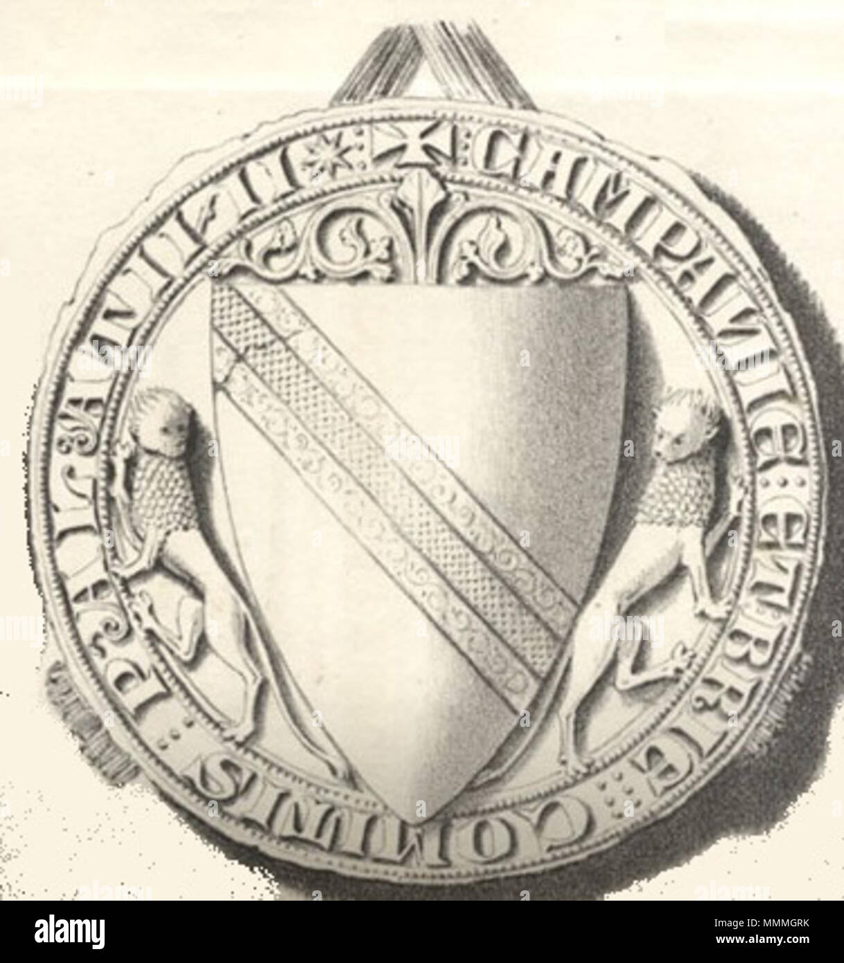 . Français: nebenklägerin du sceau de Thibault le Chansonnier comte de Champagne et Roi de Navarra sur une Charte de 1234 conservée de la Ville de Reims. . 24 Juli 2013, 17:47:27. Unbekannte B 514546101 CR V 1206 M Pl 06 - Revers Stockfoto