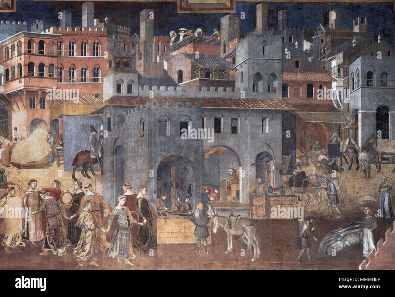 Auswirkungen der Guten Regierung über das Leben in der Stadt (Detail). Zwischen 1338 und 1340. Ambrogio Lorenzetti - Auswirkungen der Guten Regierung über das Leben in der Stadt (Detail) - WGA13491 Ton adj Stockfoto