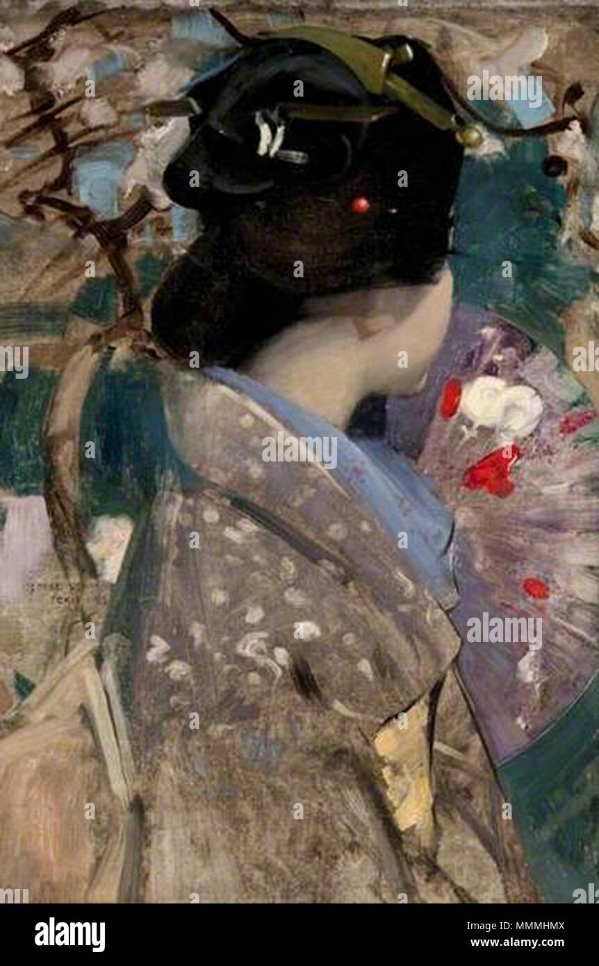 . Español: óleo sobre lienzo - 51 cm x 40,6 cm. - Glasgow Museen. 1893. George Henry (1858-1943 George japonesa Henry-Una dama con un Abanico Stockfoto