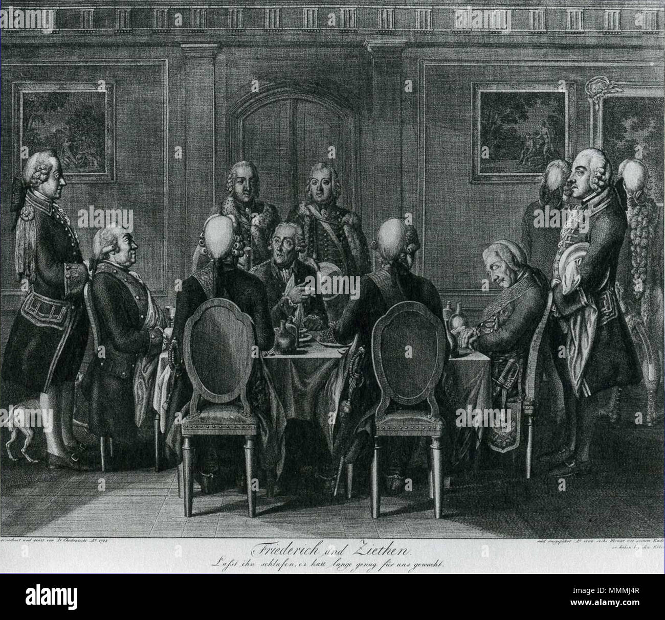 . Deutsch: Friedrich und Ziethen: "Lasst ihn schlafen, er hatt lange genug für uns gewacht." Radierung, den Staatlichen Museen zu Berlin, Kupferstichkabinett, 802-5. 1800. Artwork: Daniel Chodowiecki (1726 - 1801) Alternative Namen Daniel Nikolaus Chodowiecki Beschreibung deutsch-polnischen Maler und Graphiker Geburtsdatum / Tod 16. Oktober 1726 vom 7. Februar 1801 Ort der Geburt / Tod in Danzig Berlin Standort Berlin Authority control: Q 696720 VIAF: 59092320 ISNI: 0000 0001 2134 8231 ULAN: 500014861 50038187 LCCN: n NLA: 36058735 WorldCat Datei: James Steakley Friedrich und Ziethen (C Stockfoto