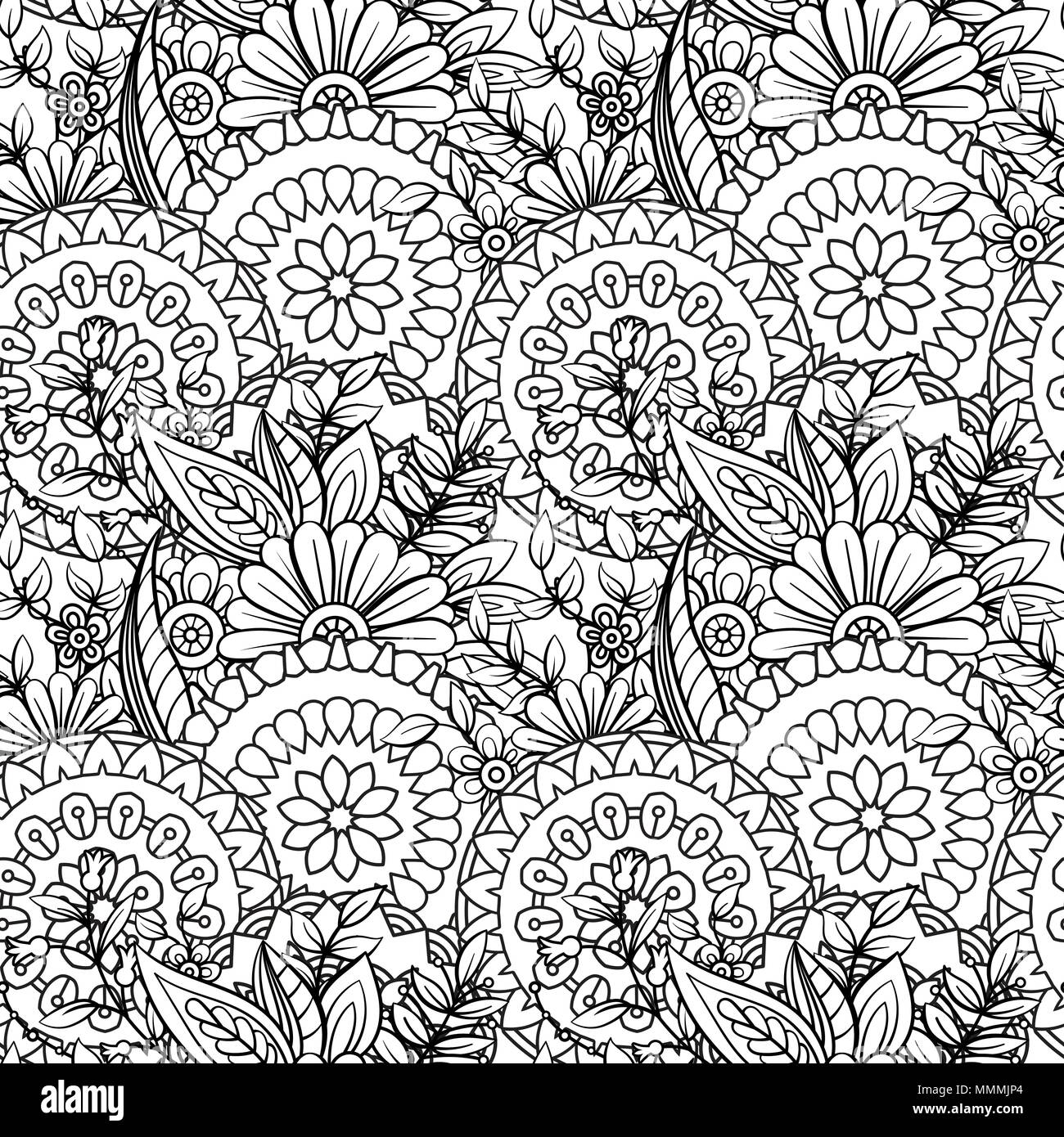 Florale nahtlose Muster in Schwarz und Weiß. Nach Malbuch Seite mit Blumen und Mandalas. Hand Vector Illustration gezeichnet. Doodles Hintergrund Stock Vektor