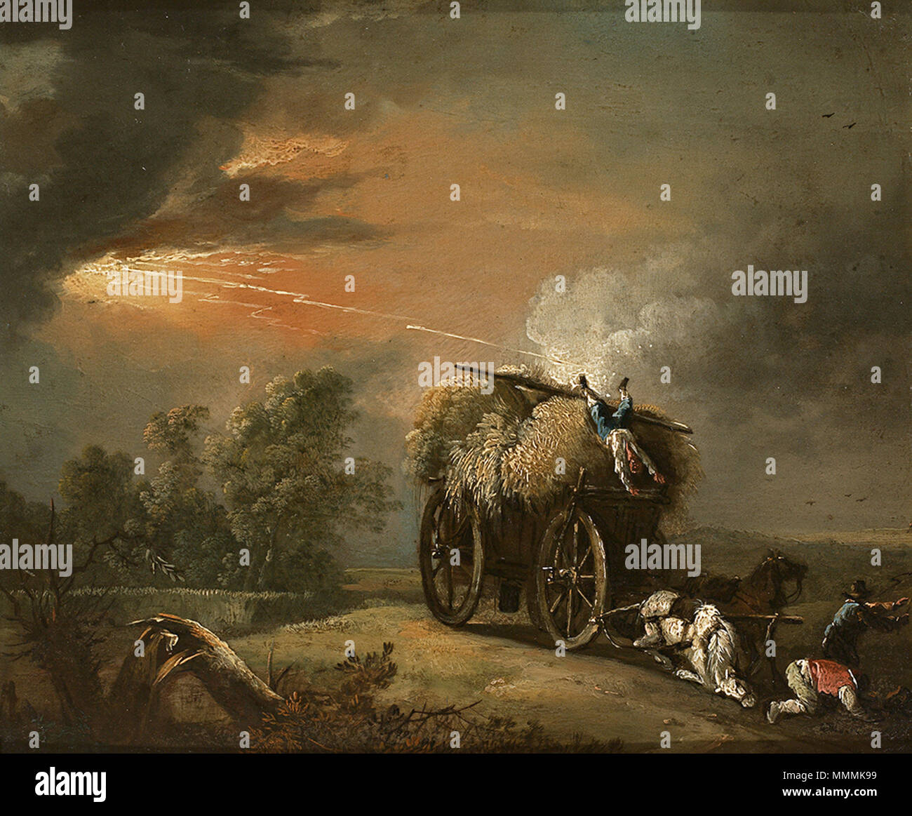 . English: Gewitterlandschaft mit einem vom Blitz getroffenen Heuwagen. Öl/Lwd. 20,5 x 24,5 cm. 18. Anonymen Kreis von Christian Wilhelm Ernst Dietrich (1712-1774) Alternative Namen Christian Guillaume Ernest Dietricy Beschreibung deutscher Maler, Kupferstecher und Kupferstich Graveur Geburtsdatum / Tod 30. Oktober 1712 23. April 1774 Ort der Geburt / Todes Weimar Dresden Standort Dresden, Weimar, Meißen Authority control: Q 536581 VIAF: 69199199 ISNI: 0000 0000 8149 2879 ULAN: 500009500 LCCN: n 85327757 WGA: DIETRICH, Christian Wilhelm Ernst WorldCat Dietricy (Kreis) Ge Stockfoto