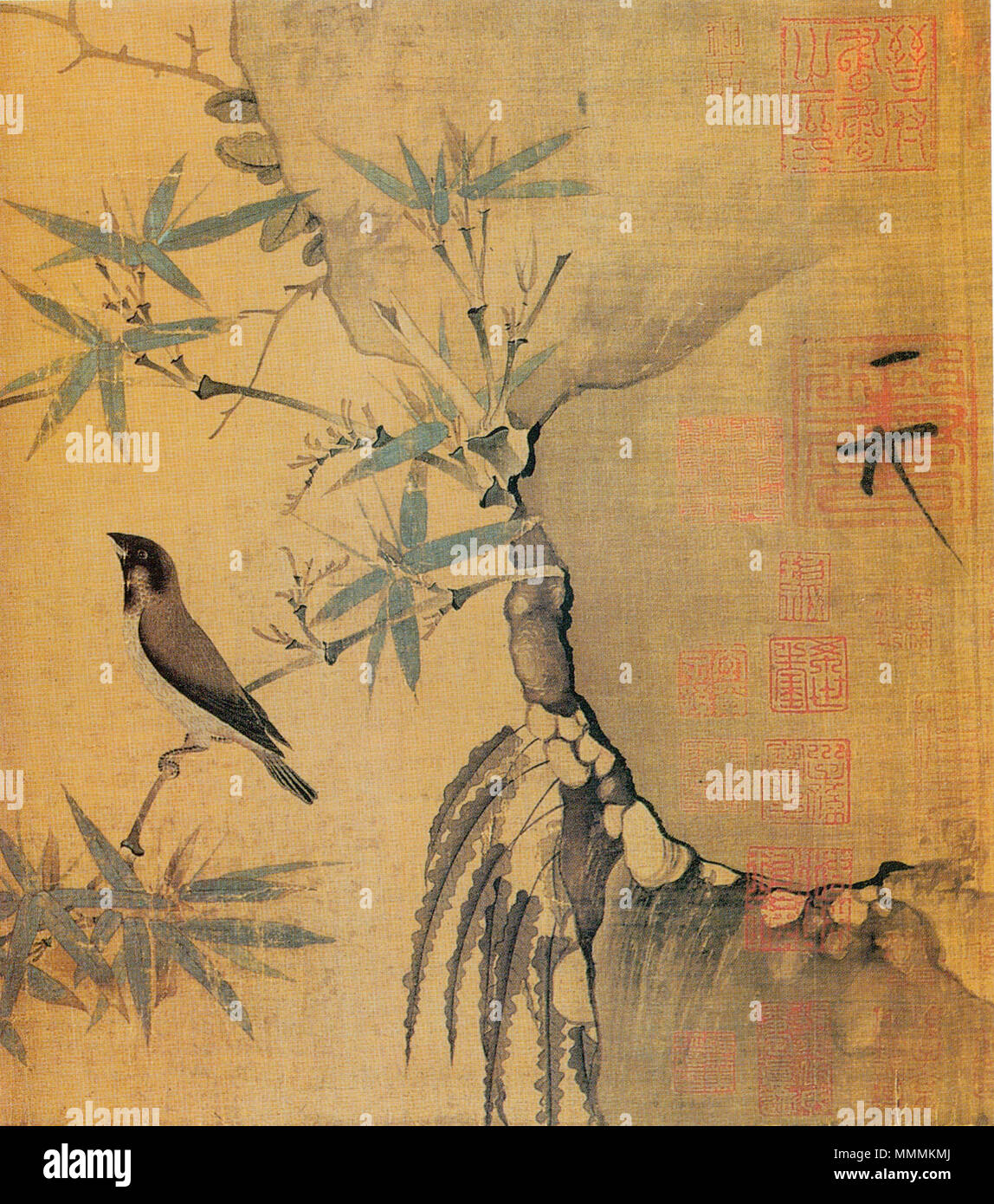 Finch auf einem Bambus Zweig (Detail) Kaiser Huizong von Song-Finch auf einem Bambus Zweig - Detail Stockfoto