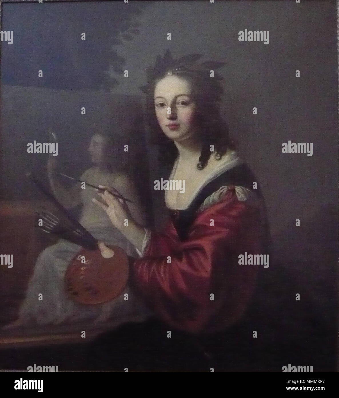 . Englisch: Selbstportrait einer unbekannten Frau als Künstlerin (Pictura), vorher zu Hendrick Ten Oever und Gesina Ter Borch zugeschrieben, es jetzt als ein Nachfolger von Gerard van Honthorst, Sammlung Stedelijk Museum Zwolle zu sein. Die quadratische Form erinnert an die modernen Selbstportraits der en: Vrouwenhuis nur die Straße hinunter. Selbstportrait. ca. 1675. Anhänger von Gerard van Honthorst (1592 - 1656) Alternative Namen Gerard Honthorst, Gerard Hermansz. van Honthorst, Gerardus Honthorst, Gerrit van Honthorst Hondhorst, Gerrit, Gerrit van Honthorst, Gherardo Fiammingo, Gherardo Stockfoto