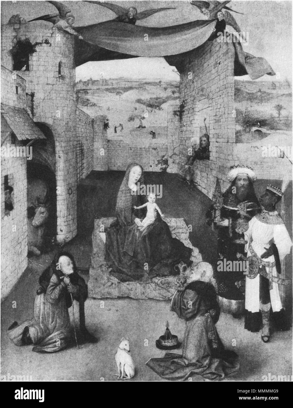 Die Anbetung der Heiligen Drei Könige. Zwischen 1468 und 1560. Kreis von Hieronymus Bosch 004 schwarz und weiss 01. Stockfoto