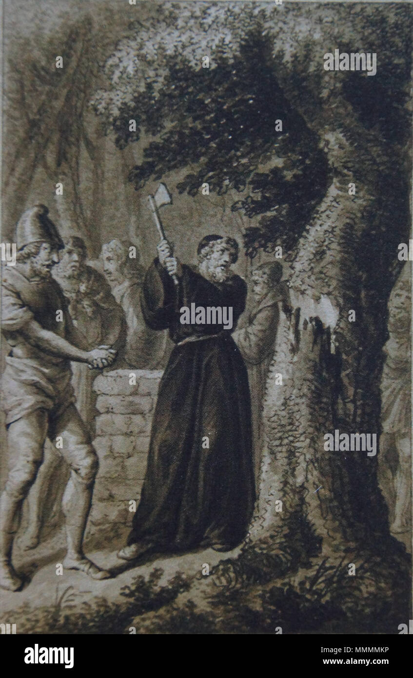 Bonifatius fällt die Donareiche, Blatt X aus einer unbekannten Folge. 1780. Daniel Nikolaus Chodowiecki Bonifatius faellt die Donareiche Stockfoto