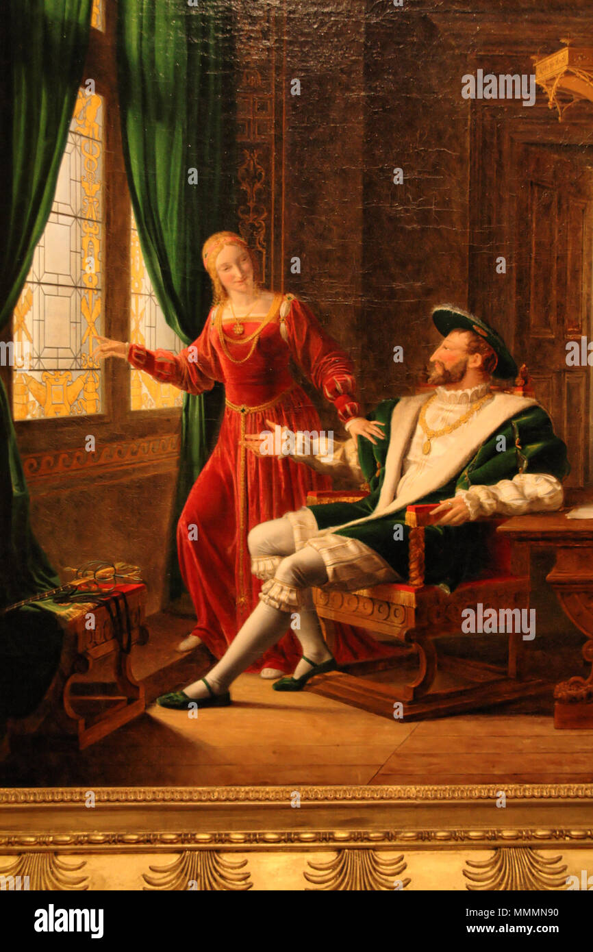 006. François Ier montre à Marguerite de Navarre, sa Soeur, les Vers qu'il vient d'écrire sur une Vitre avec son Diamant von Fleury François Richard - détail DxO HDR Stockfoto