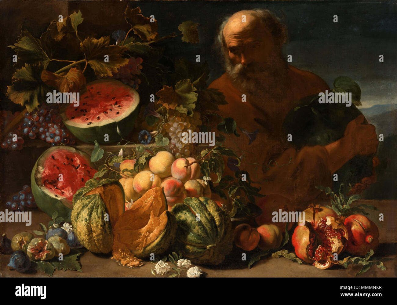 Englisch: Abraham Brueghel - Stillleben Obst mit einem Mann. zwischen 1665 und 1675. Abraham Brueghel - Stillleben Obst mit einem Mann Stockfoto