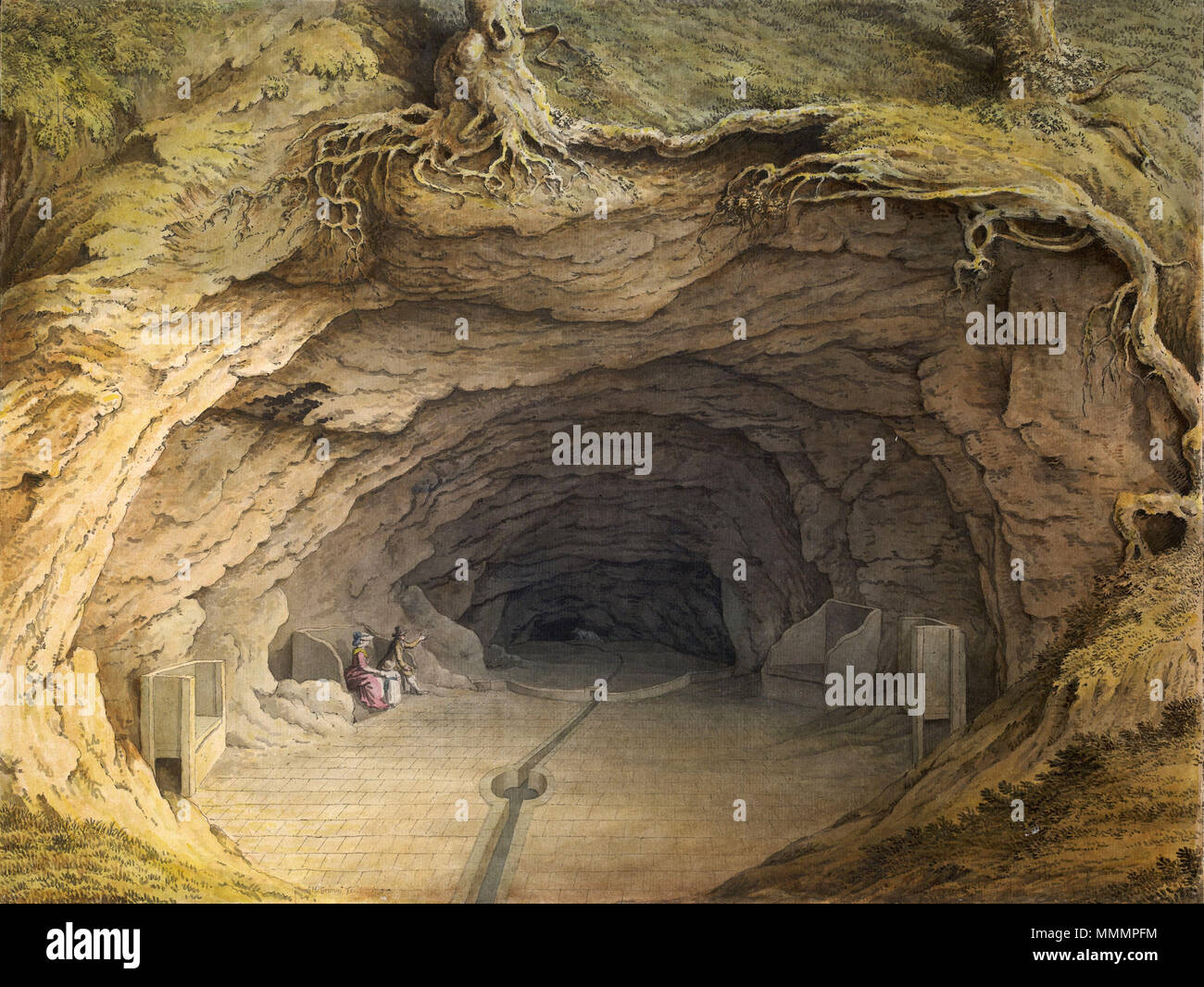 . Im Moor Park. Blick auf eine Höhle in der Nähe von Farnham, war das Haus aus dem 17. Jahrhundert als Mutter Ludlene Frau bekannt, die auch als Weiße Hexe von Ludlene bekannt. Englisch: Mutter Ludlene Loch. 1790. ''Mandere Ludlene's Loch'' im Moor Park von Samuel Hieronymus Grimm 1790 Stockfoto