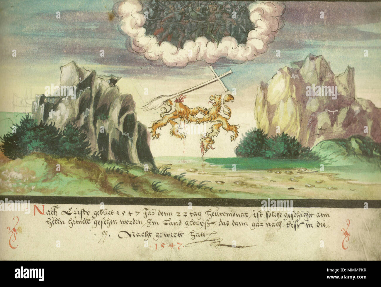 Augsburger Wunderzeichenbuch-Folio 157 - Himmelsschlacht, Löwen über Glarus 1547 Stockfoto