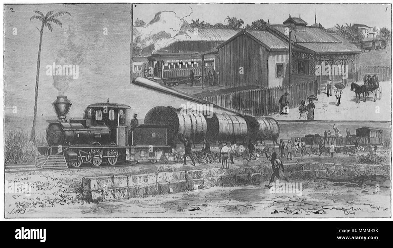 . Englisch: Diese Gravur mit dem Titel "Die neuen Eisenbahnunternehmen an Barbadoes. British West Indies" erschien in der "Grafik" am 18. Februar 1882. Foto mit freundlicher Genehmigung CRHA Archive. . 18. Februar 1882. Unbekannt 1' die neuen Eisenbahnunternehmen an Barbadoes. British West Indies" erschien in der "Grafik" am 18. Februar 1882 Stockfoto