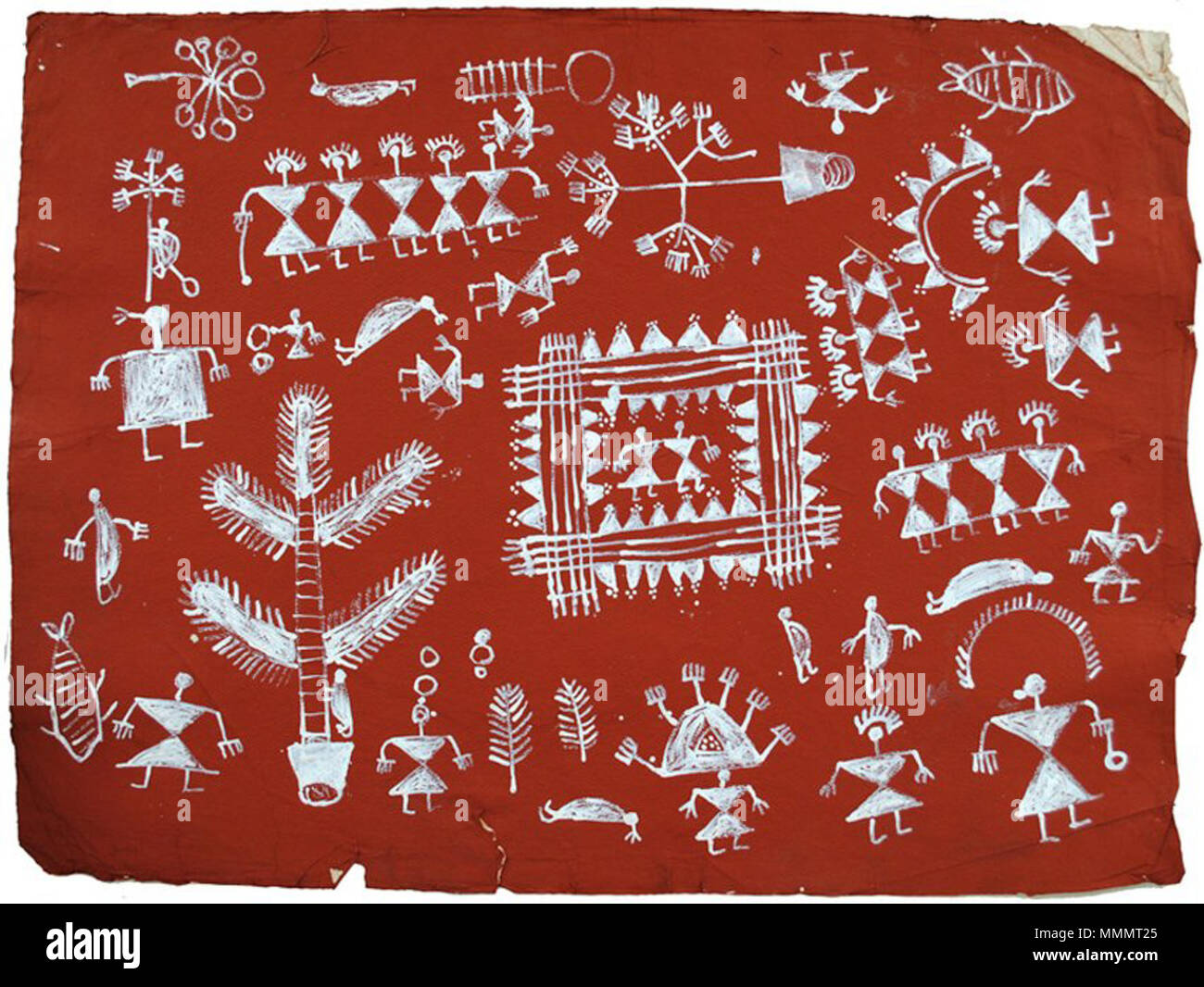 . Englisch: Anonyme Warli Malerei auf Papier, 64 x 86 cm. Unbekannt 49 anonyme Warli Malerei auf Papier, 64 x 86 cm Stockfoto