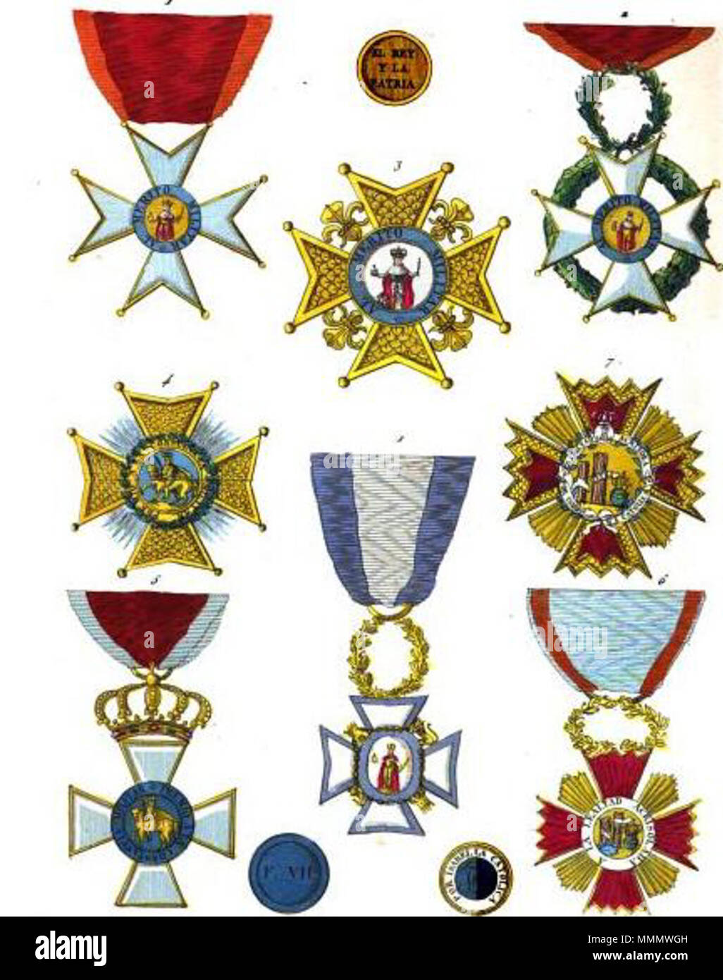Français: Sammlung historique des ordres de chevalerie civils et militaires... Englisch: Sammlung historischer Ritterorden zivile und militärische...: 1. Reihenfolge der Saint Ferdinand, Abzeichen der 1. Klasse (Spanien) 2. Reihenfolge der Saint Ferdinand, Abzeichen 2. Klasse (Spanien) 3. Reihenfolge der Saint Ferdinand, Stern (Spanien) 4. Bestellung von Saint Hermenegild, Abzeichen (Spanien) 5. Bestellung von Saint Hermenegild, Stern (Spanien) 1. Reihenfolge der Damen der Königin Maria Luisa, Abzeichen (Spanien) 6. Bestellung von Isabella der Katholischen, Abzeichen (Spanien) 7. Bestellung von Isabella der Katholischen, Stern (Spanien). 1820. 56 Aristide Michel Perrot - Sammlung histor Stockfoto