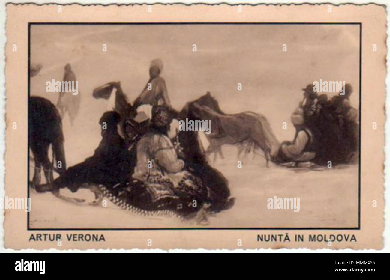 . Română: Nuntă in Moldau, intitulată inițial Nuntă țărănească iarna Carte poștală din perioada interbelică. Datum unbekannt. Arthur Garguromin-Verona (1867 - 1946) Alternative Namen Arthur Gargouromin-Verona; Arthur; Artur Garguromin Gauguromin Verona Verona; Artur Verona Beschreibung rumänische Maler Arthur Garguromin-Verona Datum der Geburt / Tod 24 August 1867 (im Julianischen Kalender) vom 26. März 1946 Ort der Geburt / Todes Br?ila Bucure?ti Arbeiten Zeitraum 1885 - Arbeitsort 1946 Bucure?ti Authority control: Q 2865107 VIAF:?:? ISNI 18154761 0000 0000 66807297 ULAN:? 500078014 LCCN:? Nr.20160 Stockfoto