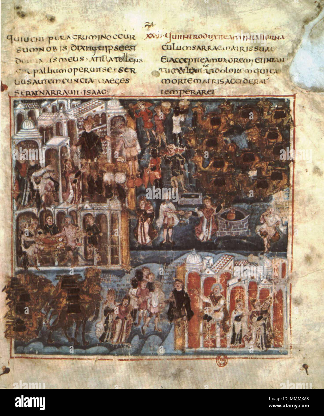 Englisch: Folio 21 recto der Ashburnham Pentateuch, Isaak und Rebecca. Englisch: 7. 59 AshburnPenatuchtFolio 021 rIsaacRebecca Stockfoto