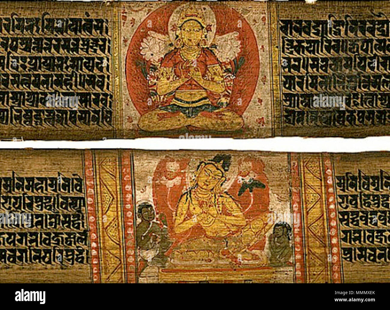 . Englisch: Astasahasrika Prajnaparamita Manuskript. Prajnaparamita und Szenen aus dem Leben des Buddha (oben), Maitreya und Szenen aus dem Leben des Buddha (unten), ca. 1075 Buch/Manuskript; Malerei; Aquarell, Text: mit Tinte geschrieben; Illustrationen: opak Aquarell auf palm leaf. . 11. Jahrhundert. Unbekannter Maler aus dem 11. Jahrhundert. Digitales Bild zur Verfügung gestellt von Mario Gallardo. 60 Astasahasrika Prajnaparamita Sutra Manuskript zwei Blätter Stockfoto