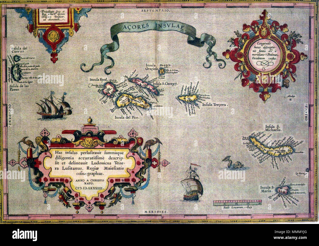 . Englisch: alte Karte von Azoren English: alte Karte der Azoren Português: "açores Insulae' ('Ilhas dos Açores'), Luís Teixeira, C. 1584. Eine legenda, em latim -' Hat insulas perlustrauit summàque Diligentia accuratissimè descripsit et delineauit Ludovicus Teisera Lusitanus, regiae Maiestatis cosmographus. ANNO A CHRISTO NATO, M.D. LXXXIIII' -, pode ser traduzida livremente: 'como Estas ilhas foram percorridas com a Maior diligência, e com todo o cuidado als descreveu o português Luís Teixeira, cosmógrafo da Majestade Real. Ano do Nascimento de Cristo de 1584.". 1584. Abraham Ortelius 66 Azoren o Stockfoto