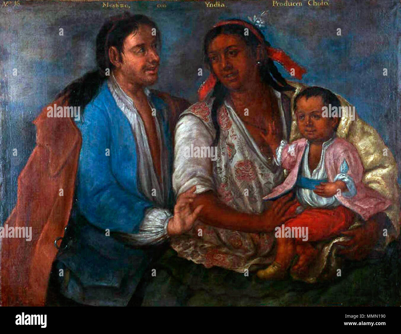 . Español: De la Serie Los cuadros del mestizaje Del Virrey Amat Nr. 16. Mestizo con Yndia. Producen Cholo. ca. 1770. Cholo 1770 Stockfoto